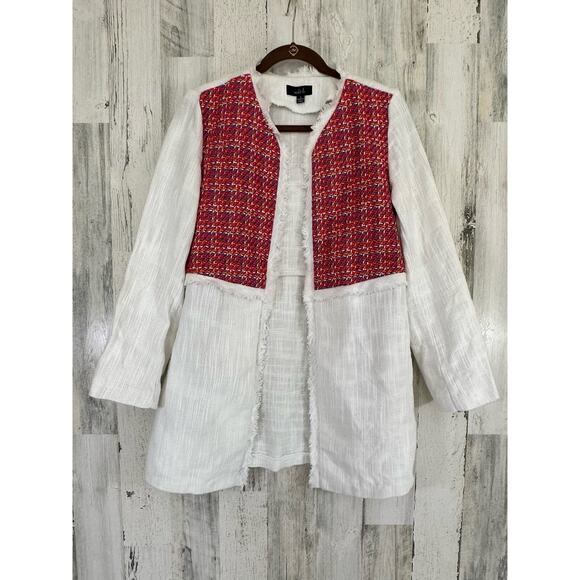 Violet B Womens Jacket Small White Hopsack Fringe Multi Crochet Hook Eye Closure - Picture 1 of 8